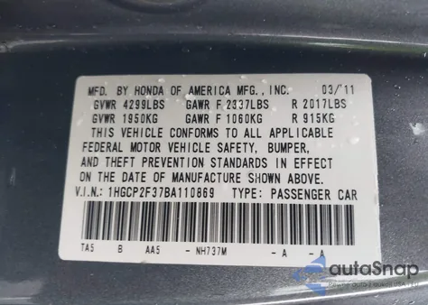 2011 Honda Accord 2.4 Lx z USA, uszkodzony, nr VIN 1HGCP2F37BA110869
